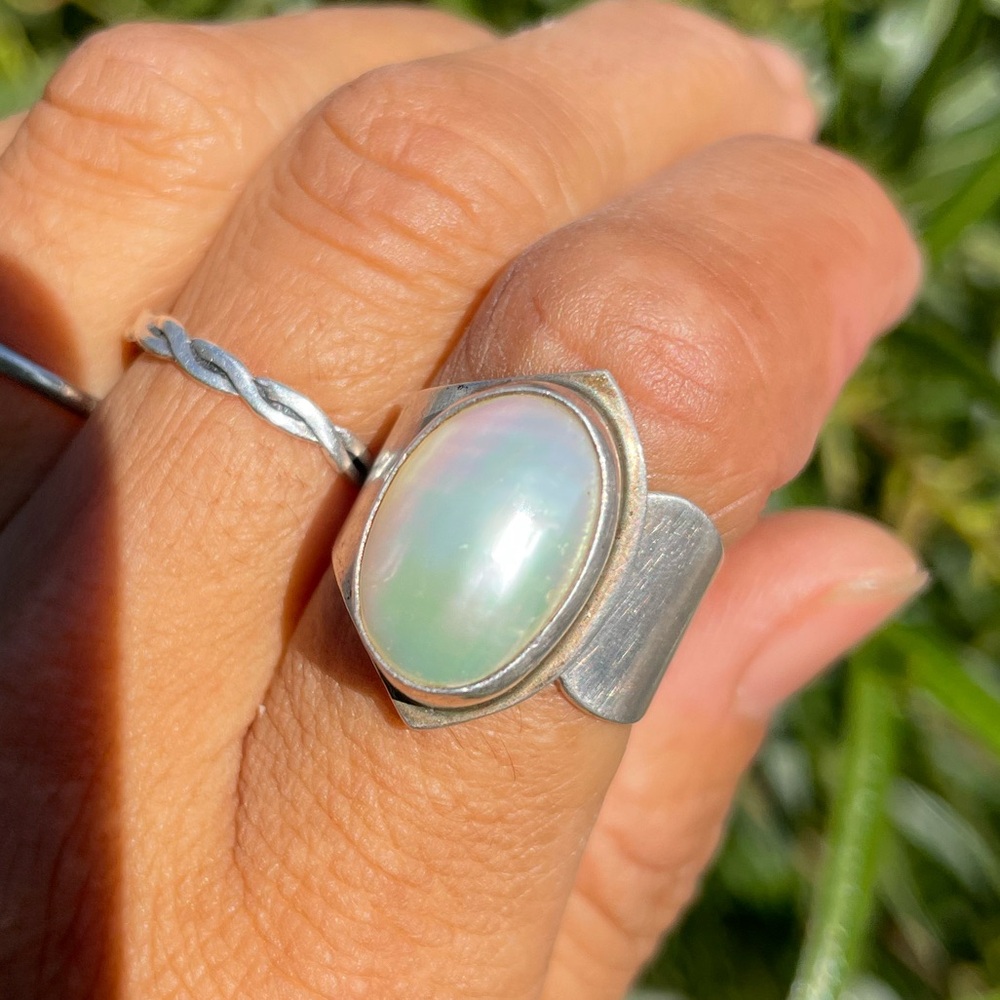 Native American signed NAKAI mother of pearl sterling ring adjustable